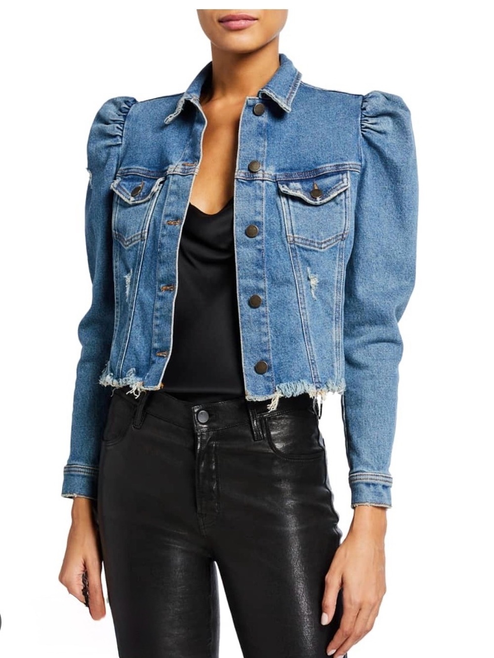 Retrofete Blue Denim Puff-Sleeve Cropped Jacket